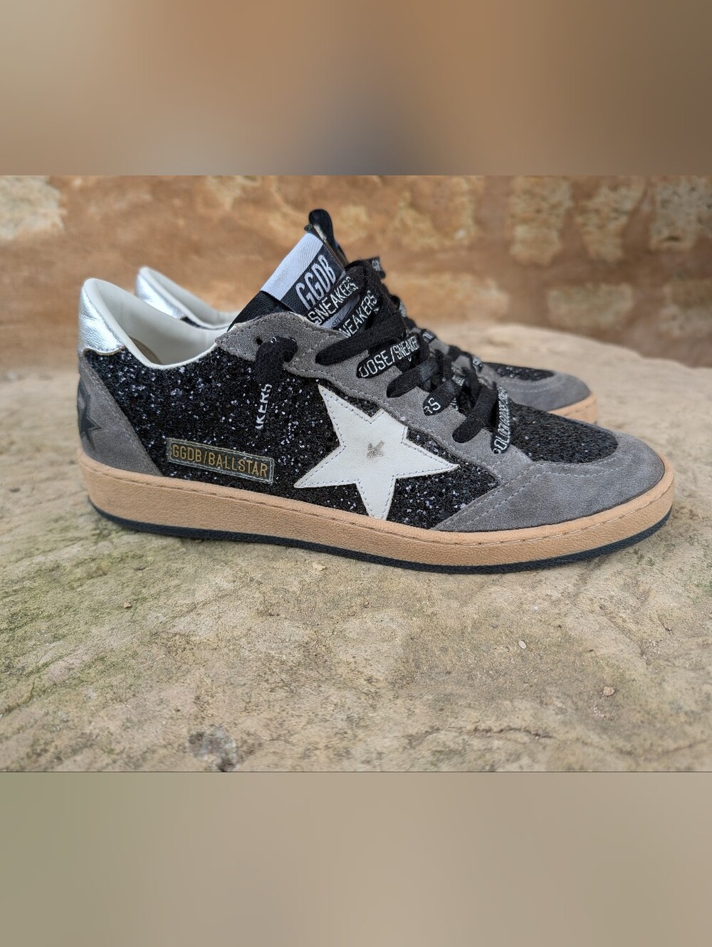 Golden Goose GGDB Kids' Gray & Black Glitter Low-Top Sneakers